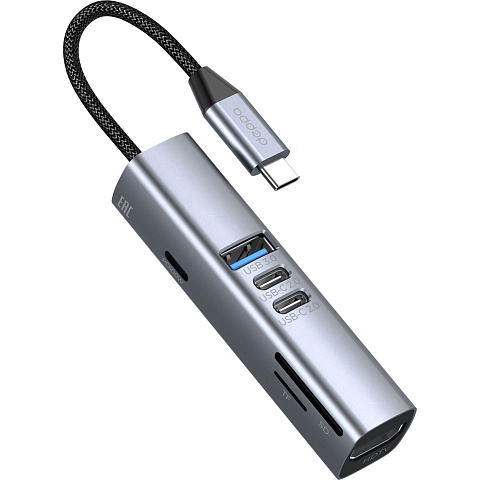 USB-хаб 7 в 1 USB-C - USB-A3.0 + 2хUSB-C + USB-C PD100Вт + HDMI + SD + microSD, серый, Deppa - рис 2.