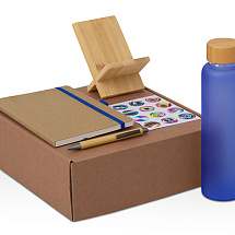 Подарочный набор с бутылкой для воды. блокнотом, ручкой и подставкой для телефона, синий