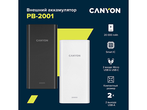 Портативный аккумулятор Canyon PB-2001 (CNE-CPB2001W), белый - рис 4.