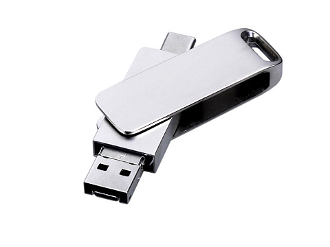 USB 2.0-флешка на 64 Гб поворотный механизм, c дополнительным разъемом Micro USB с одноцветным металлическим клипом