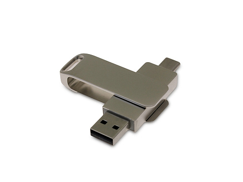 USB 3.0- флешка на 64 Гб поворотный механизм 2 в 1, c дополнительным разъемом Type-C с одноцветным металлическим клипом, серый