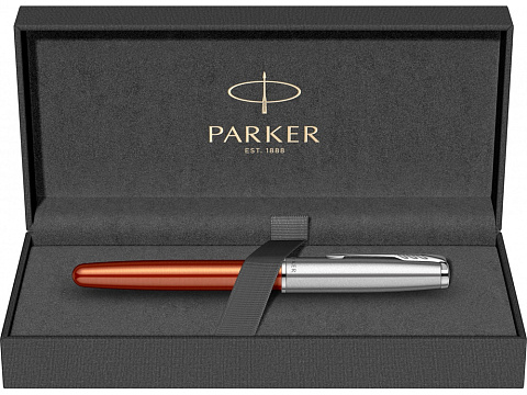 Ручка-роллер Parker Sonnet Essentials Orange SB Steel CT, цвет чернил black,перо: F, в подарочной упаковке. - рис 9.