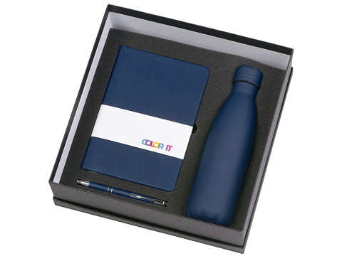 Подарочный набор с блокнотом С2, металлической ручкой и термобутылкой, темно-синий - рис 2.