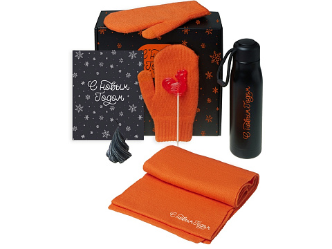 Подарочный набор с варежками, шарфом и термосом, оранжевый