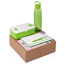 Подарочный набор с бутылкой для воды. блокнотом, ручкой и ланчбоксом, зеленое яблоко