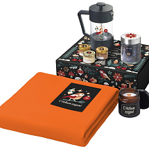 Подарочный набор c пледом, френчпрессом, чаем и медом, оранжевый
