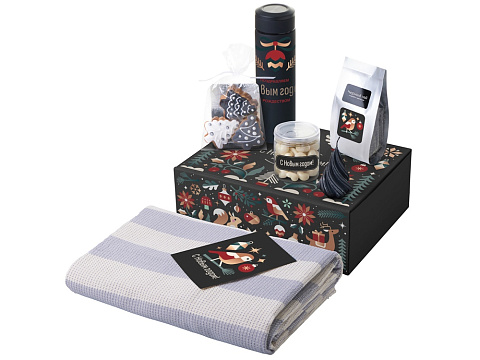 Подарочный набор c пледом, термосом, свечой и миндалем, черный