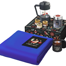 Подарочный набор c пледом, френчпрессом, чаем и медом, синий