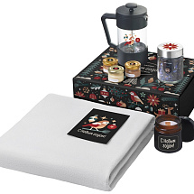 Подарочный набор c пледом, френчпрессом, чаем и медом, серый