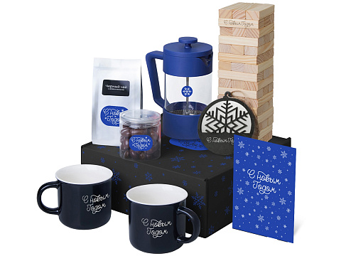 Подарочный набор c френчпрессом, кружками и чаем, синий