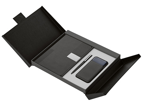 Подарочный набор Tesla с блокнотом А5, ручкой и пауэрбенком на 10 000 mAh, черный - рис 3.