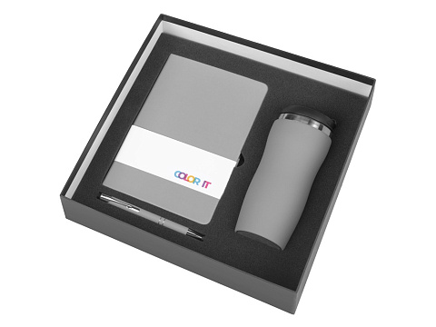 Подарочный набор с блокнотом С2, металлической ручкой и термокружкой, серый - рис 2.