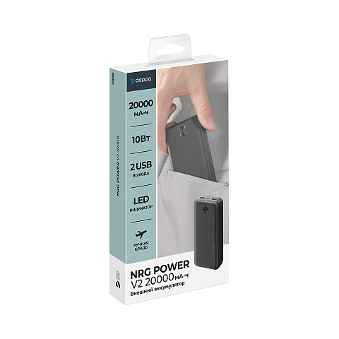 Внешний АКБ NRG Power V2 20000 мА-ч, 2A, 2xUSB, черный, Deppa - рис 7.